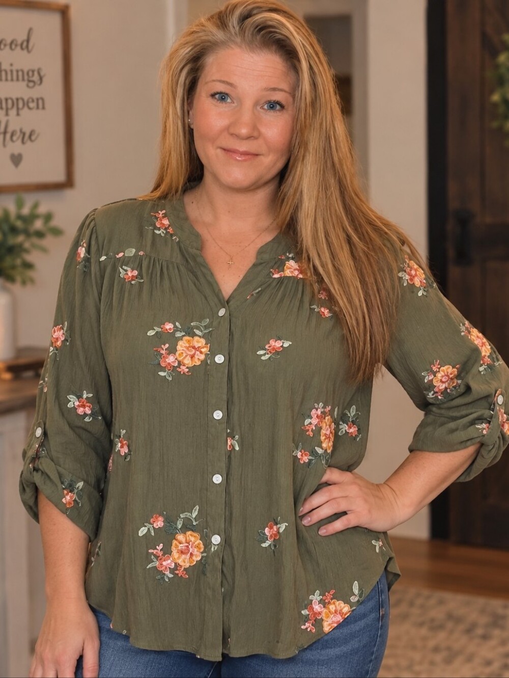 Olive Green Embroidered Button-Front Women's Top